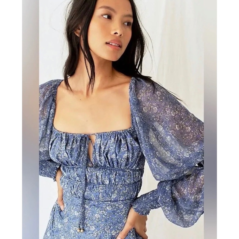 Free People Milkmaid Coquette Floral Midi Dress Sheer Balloon Sleeve Medium Boho
